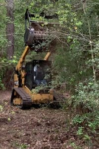A yellow tracked skid steer loader lifts its bucket while clearing brush in a wooded area.