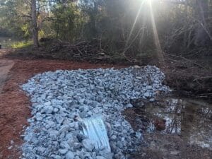 A pile of gray rocks is spread beside a muddy water area in a forested setting, with sunlight streaming through the trees.