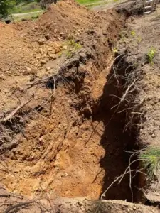 A deep, narrow trench is dug into reddish-brown soil, with loose dirt and exposed roots visible along the sides. A metal ladder stands near the trench.