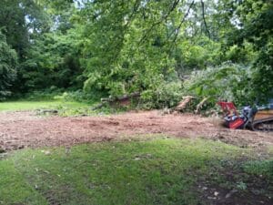 A fallen tree has been cut and cleared near a wooded area; a bulldozer with a red attachment is partially visible on the right side.